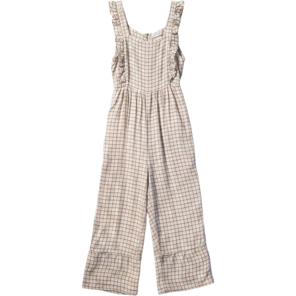Sancia Jumpsuit Size M Tan Windowpane Check Ruffle Trim Cottagecore Boho Chic